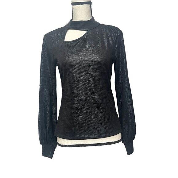 Halogen Women’s Metallic Cutout Mock Neck Top in Rich Black, Sz. S - Picture 11 of 12